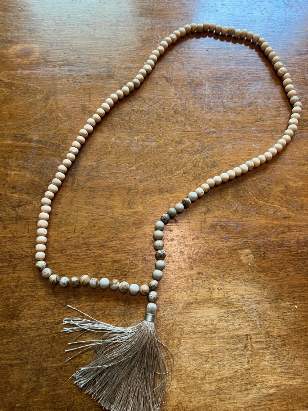 Boho Wooden Bead Tassel Necklace Neutral Long Strand Beige Tan Minimalist